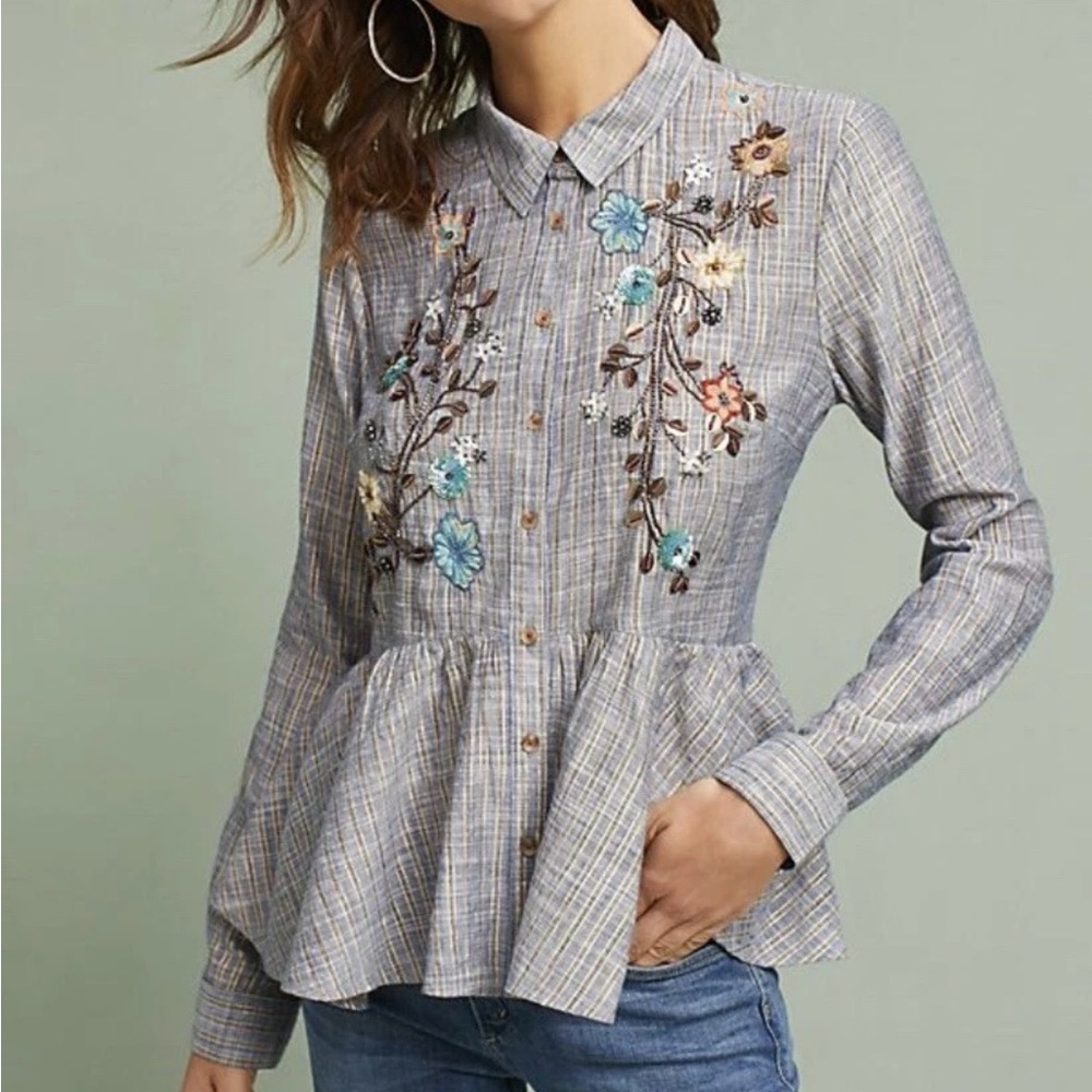 HD in Paris Anthropologie Embroidered Plaid Peplum Blouse